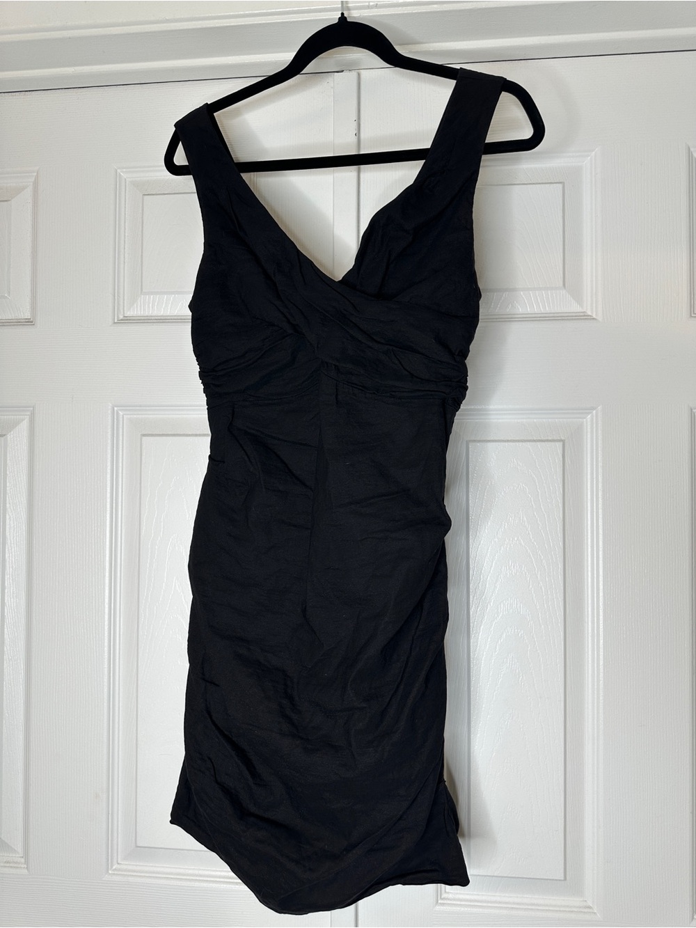 Eileen Fisher Petite Black Silk Blend Cocktail Dress 6P | Ruched V Neck